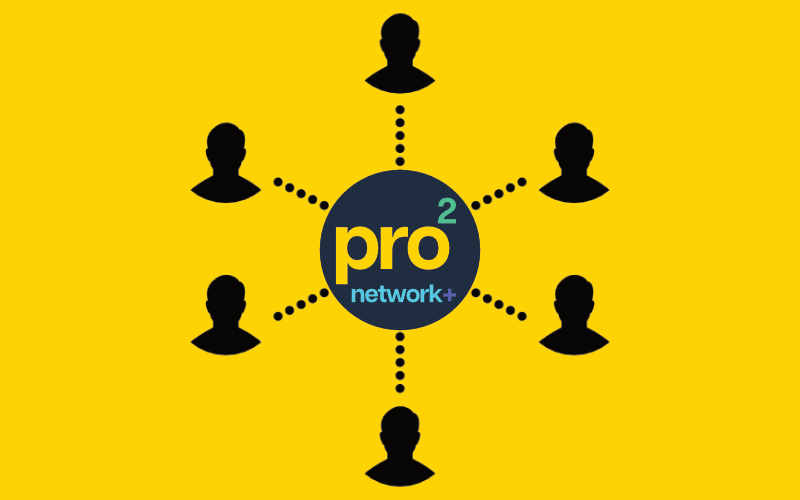Graphic showing the prosquared logo in the center surrounded by silhouettes of people's heads against a yellow background, illustrating a network