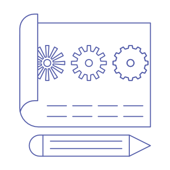 Icon showing gears drawn on a sheet of paper with a pencil below