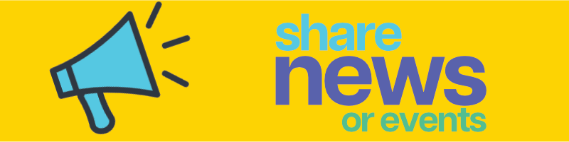 A blue speakerphone is shown against a yellow background beside the text 'share news or events'