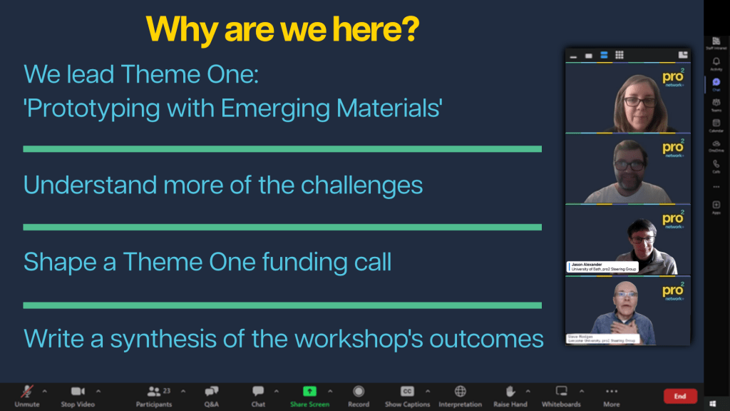 Screenshot of Zoom meeting showing four speakers and a PowerPoint slide with text from the event.