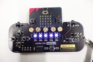 A completed solder:bit game controller using Micro:bit and Neopixel LEDs