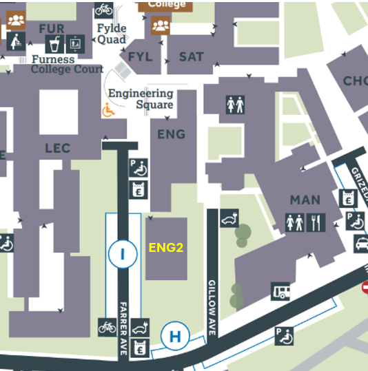 Map of part of the Lancaster University campus with the Engineering 2 Building highlighted in yellow text. It's located next to the main Engineering Building and across from the Management building.