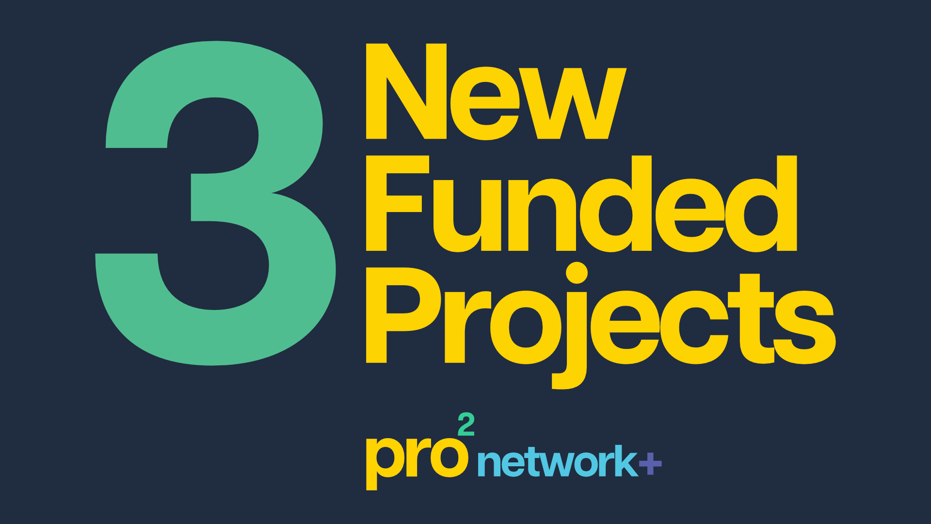 Against a navy background text in yellow and green reads '3 New Funded Projects' below is the pro2 network+ logo.