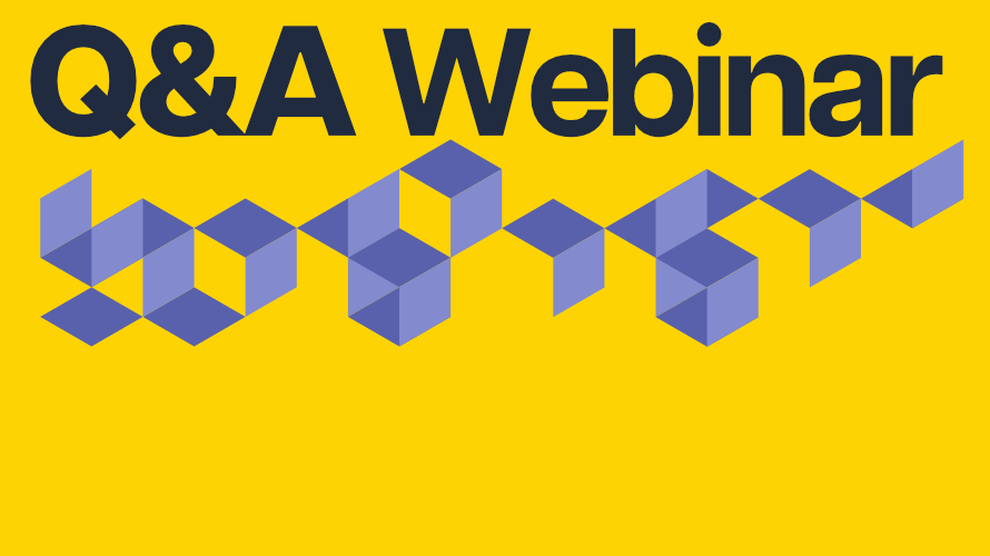 On a yellow background black text reads 'Q&A Webinar' with purple geometric shapes below it.