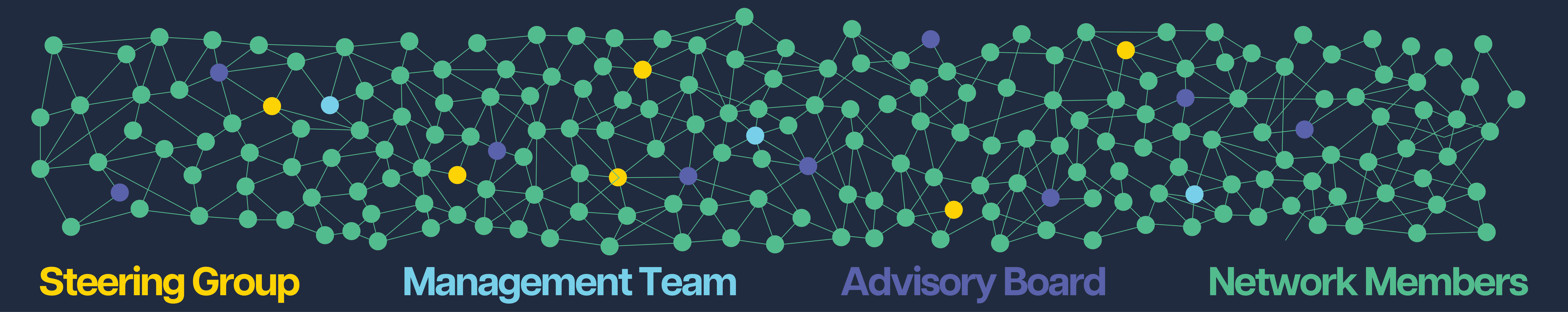 Graphic showing a map of interconnected dots in various colours, representing the groups named in text below it: Steering Group, Management Team, Advisory Board, and Network Members.