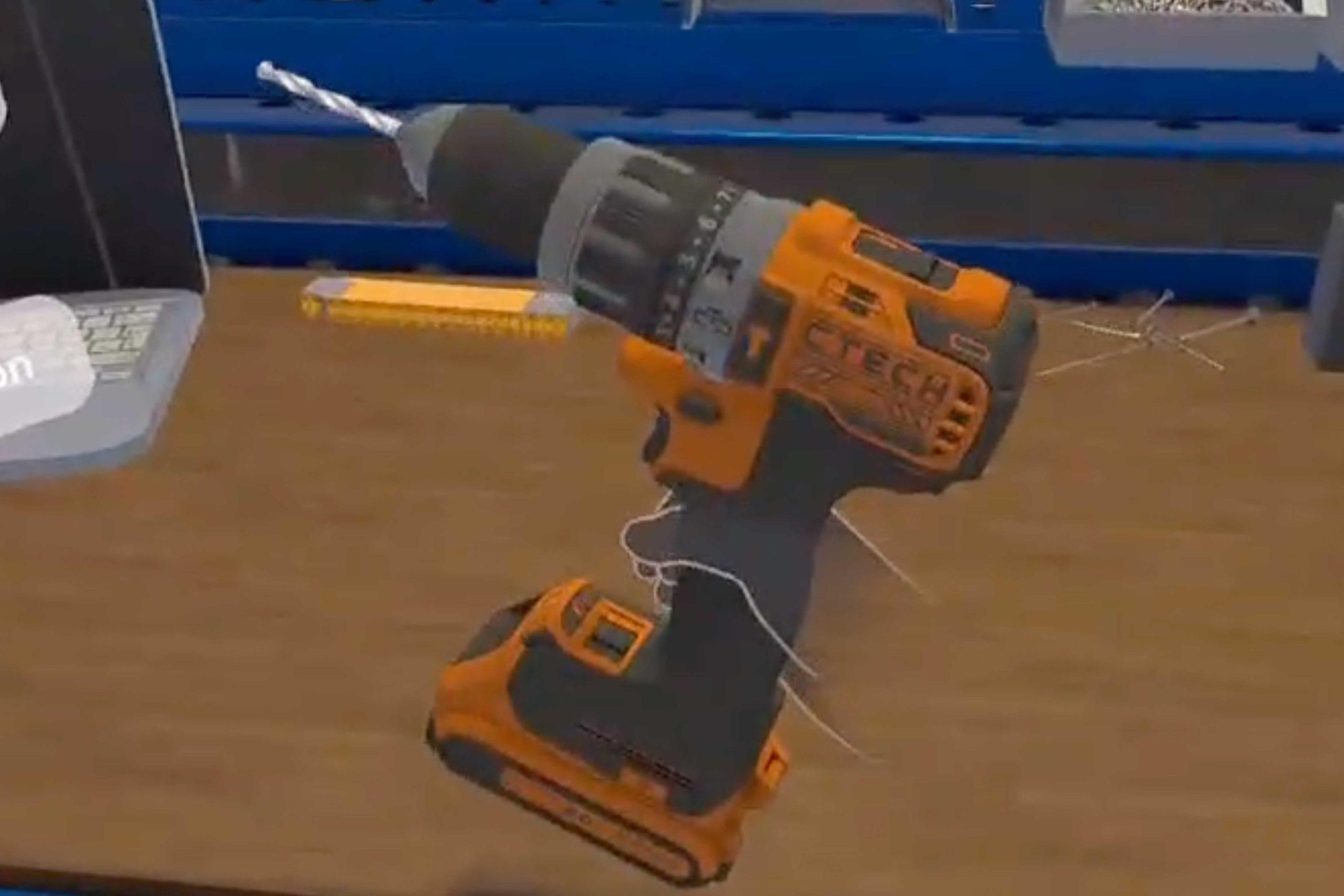 A computer graphic image of a handheld drill with a desk behind it.