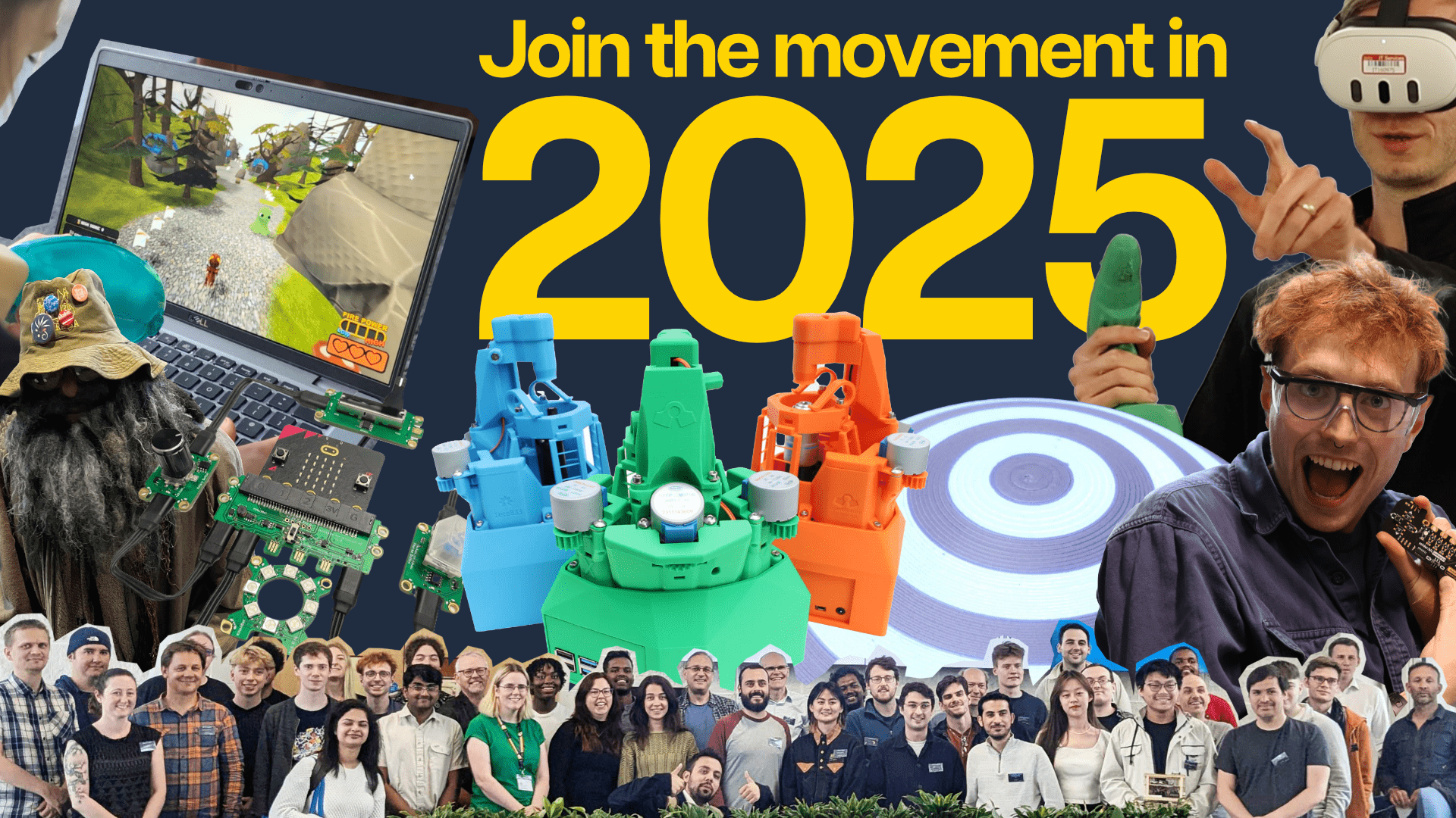 A collage of photos representing pro2 events and funded projects from 2024 against a navy background, including a video game, 3D printed microscopes, an round object with bioluminescent paint, and someone wearing a VR headset. Text in yellow reads 'Join the movement in 2025'