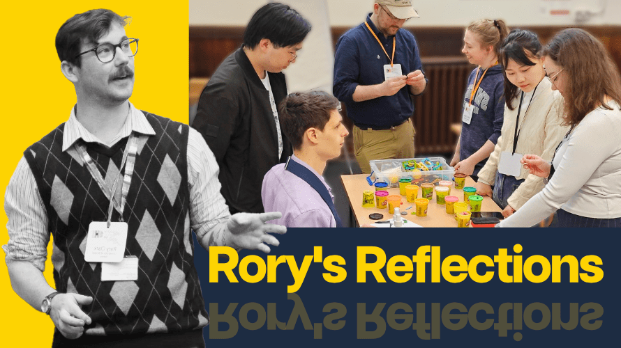 To the left is a black and white photo of Rory Clark against a yellow background. To the right is a photo of workshop participants standing around a table with craft materials, and below this the text 'Rory's Reflections'.