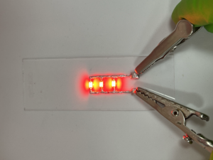 A functioning circuit formed by solidified Field’s metal conductors.