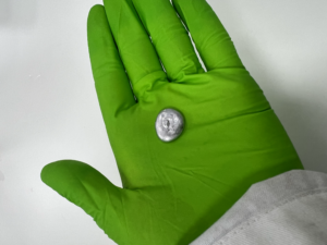 A solidified Field’s metal droplet.