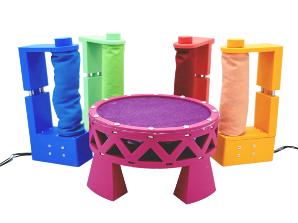 A photo of the OpenSoftHaptics device, 3D printed with colourful materials, against a white background